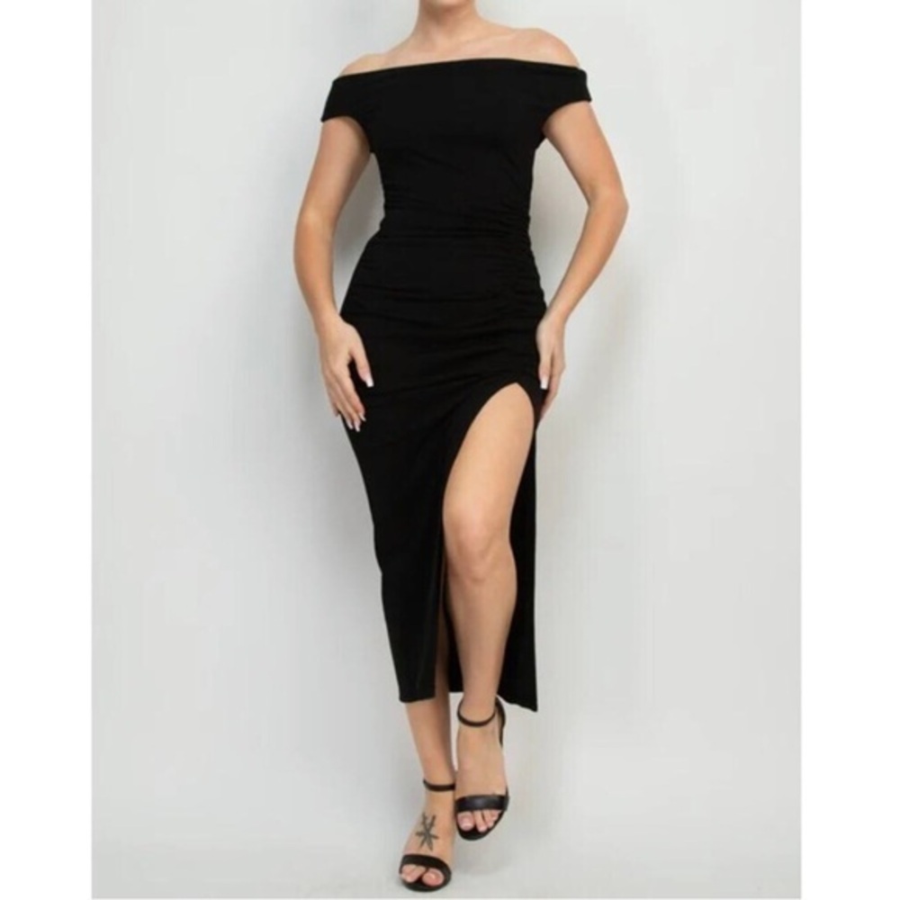 New! Eloquii black ribbed off the shoulder column dress side slit, plus size 20